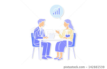 Line art illustration icon of a company meeting where an employee and a female expert discuss performance improvement and business growth. Line art illustration icon of a company meeting where an employee and a female expert discuss performance improvement and business growth. 142881539