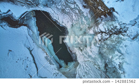 Aerial Frozen Waterfall and Ice Patterns Top Down in Winter Aerial Frozen Waterfall and Ice Patterns Top Down in Winter 142881562