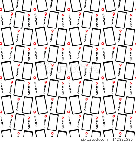 Seamless pattern uses tilted smartphones with red location pins and Here text on a white background. Hand drawn vector illustration for phone accessories, packaging, stationery and navigation graphics Seamless pattern uses tilted smartphones with red location pins and Here text on a white background. Hand drawn vector illustration for phone accessories, packaging, stationery and navigation graphics 142881586