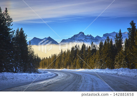 Winter Highway and Snowy Forest Leading to Majestic Mountain Peaks in Banff Alberta Winter Highway and Snowy Forest Leading to Majestic Mountain Peaks in Banff Alberta 142881658