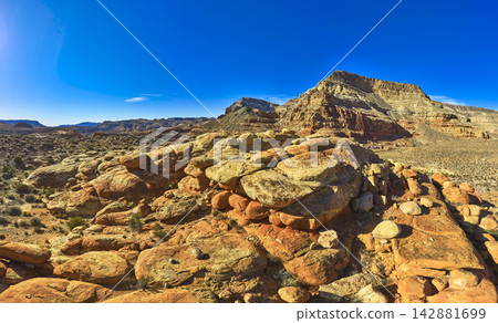 Panorama of Rocky Sandstone Formations and Mesas in Virgin River Canyon Arizona Panorama of Rocky Sandstone Formations and Mesas in Virgin River Canyon Arizona 142881699