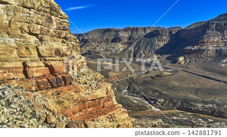 Layered Rock Formations Virgin River Canyon and Highway Arizona Strip Landscape Layered Rock Formations Virgin River Canyon and Highway Arizona Strip Landscape 142881791