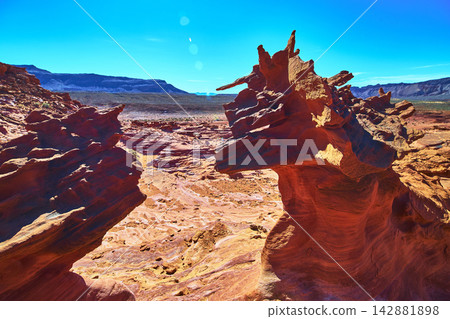 Red Sandstone Formations and Desert Landscape in Bright Sunlight at Little Finland Red Sandstone Formations and Desert Landscape in Bright Sunlight at Little Finland 142881898