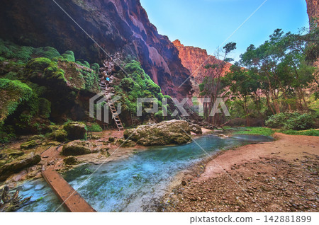Havasupai Mooney Falls Trail Ladder and Hikers by Turquoise Water in Lush Canyon Havasupai Mooney Falls Trail Ladder and Hikers by Turquoise Water in Lush Canyon 142881899