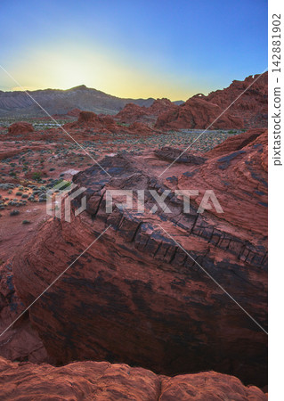 Red Sandstone Formations at Sunrise Valley of Fire Desert Landscape Nevada Red Sandstone Formations at Sunrise Valley of Fire Desert Landscape Nevada 142881902