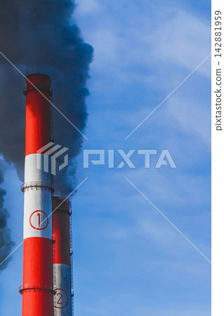 Environmental problem smoke pipe industrial plant thermal power plant blue sky environmental pollution chimney Environmental problem smoke pipe industrial plant thermal power plant blue sky environmental pollution chimney 142881959