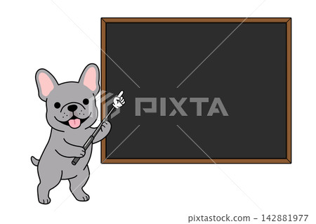一幅插圖,描繪了一隻法國鬥牛犬拿著指示棒指向黑板(訊息/選單)。 一幅插圖,描繪了一隻法國鬥牛犬拿著指示棒指向黑板(訊息/選單)。 142881977