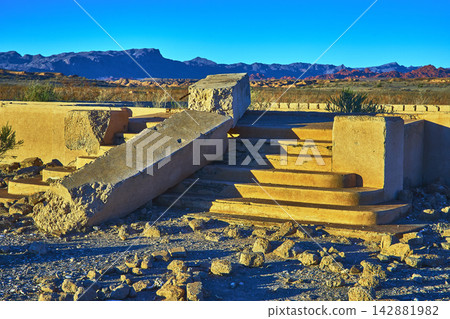 Abandoned Concrete Steps and Ruins in St Thomas Ghost Town at Golden Hour 142881982