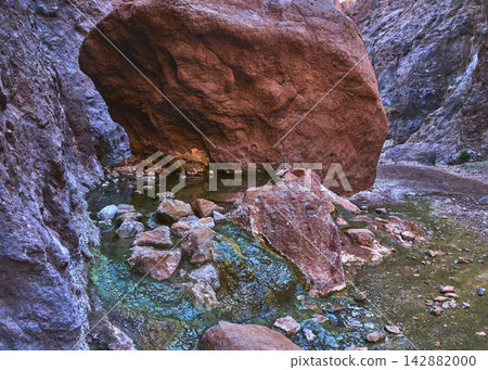 Panorama of Goldstrike Hot Spring Geothermal Waters and Boulder in Nevada Canyon Panorama of Goldstrike Hot Spring Geothermal Waters and Boulder in Nevada Canyon 142882000
