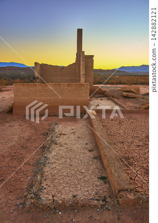 St Thomas Ghost Town Ruins at Golden Hour in Nevada Desert St Thomas Ghost Town Ruins at Golden Hour in Nevada Desert 142882121
