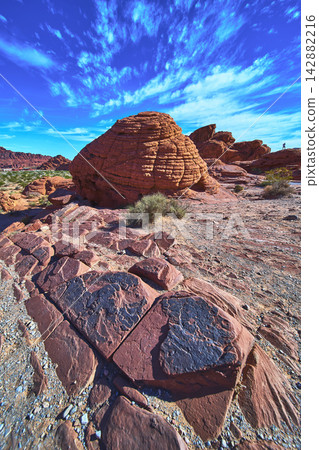 Beehive Sandstone Formation and Patterned Rocks Under Bright Desert Sky Beehive Sandstone Formation and Patterned Rocks Under Bright Desert Sky 142882216