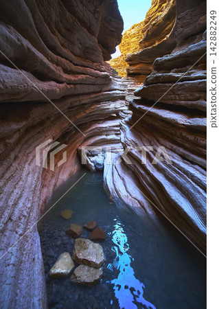 Layered Slot Canyon Walls with Reflective Water Pool and Sunlit Stone Formations Layered Slot Canyon Walls with Reflective Water Pool and Sunlit Stone Formations 142882249