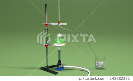 【教育材料三維插圖】一套用於進行蒸餾實驗的各種玻璃器皿和設備。 【教育材料三維插圖】一套用於進行蒸餾實驗的各種玻璃器皿和設備。 142882251