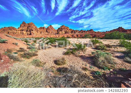 Desert Landscape Cracked Earth and Red Rock Formations Under Blue Sky Desert Landscape Cracked Earth and Red Rock Formations Under Blue Sky 142882293