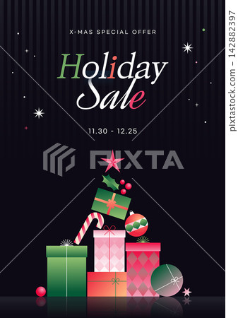 Christmas Holiday Sale Poster Template with Stacked Gift Boxes and Tree Christmas Holiday Sale Poster Template with Stacked Gift Boxes and Tree 142882397