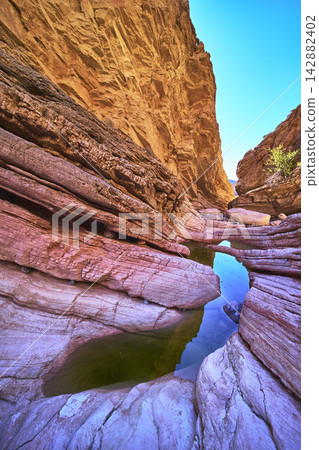 Anniversary Narrows Slot Canyon Water Pools and Sunlit Rock Formations in Nevada Anniversary Narrows Slot Canyon Water Pools and Sunlit Rock Formations in Nevada 142882402
