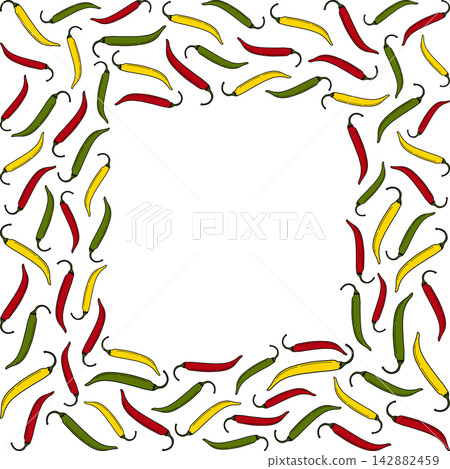 Menu frame border shows red, yellow and green chili peppers around square blank on a white backdrop. Hand drawn vector illustration for restaurant menus, food placards, recipe cards and spicy food ads Menu frame border shows red, yellow and green chili peppers around square blank on a white backdrop. Hand drawn vector illustration for restaurant menus, food placards, recipe cards and spicy food ads 142882459
