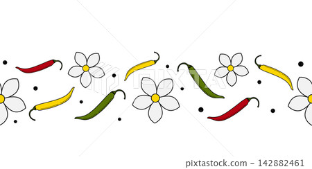 Horizontal Seamless Border shows red, yellow and green chili pods with white flowers and peppercorns. Isolated Vector illustration for food packaging, recipe pages, kitchen prints and menu decorations Horizontal Seamless Border shows red, yellow and green chili pods with white flowers and peppercorns. Isolated Vector illustration for food packaging, recipe pages, kitchen prints and menu decorations 142882461