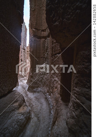 Cathedral Gorge Slot Canyon Walls and Path in Nevada Sunlight Adventure Perspective Cathedral Gorge Slot Canyon Walls and Path in Nevada Sunlight Adventure Perspective 142882658