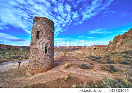 Abandoned CCC Water Tower and Dramatic Desert Landscape in Cathedral Gorge State Park Abandoned CCC Water Tower and Dramatic Desert Landscape in Cathedral Gorge State Park 142883085