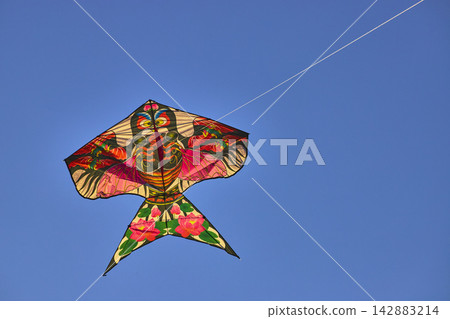 Colorful Kite Flies Against Clear Blue Sky Outdoor Festival Daytime Colorful Kite Flies Against Clear Blue Sky Outdoor Festival Daytime 142883214