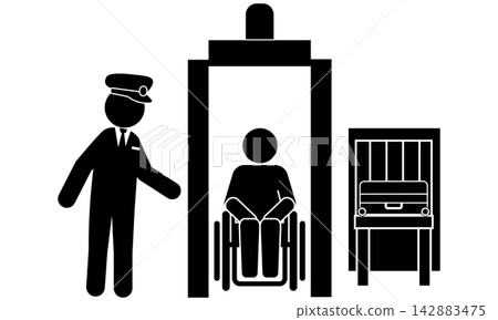 A person in a wheelchair passing through the airport security check gate. A person in a wheelchair passing through the airport security check gate. 142883475
