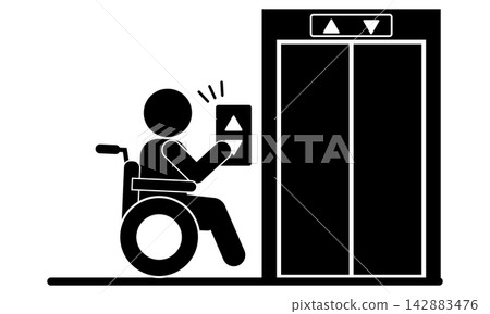 A person in a wheelchair pressing the elevator button A person in a wheelchair pressing the elevator button 142883476