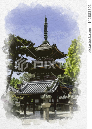 Watercolor style painting: Kakogawa, Kakurinji Temple, Three-Storied Pagoda, Kakogawa City, Hyogo Prefecture Watercolor style painting: Kakogawa, Kakurinji Temple, Three-Storied Pagoda, Kakogawa City, Hyogo Prefecture 142883801