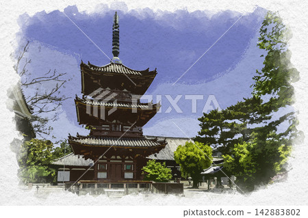 水彩風格繪畫：兵庫縣加古川市加古川市鶴林寺三重塔 142883802