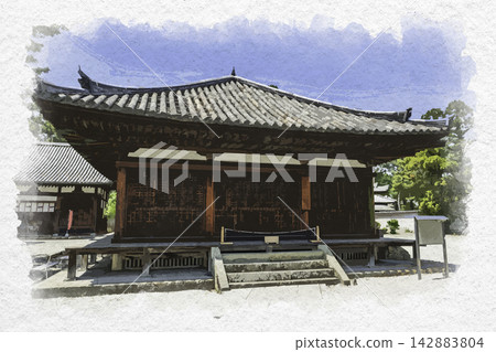 Watercolor style painting: Kakurinji Temple, Jogyodo Hall, Kakogawa, Hyogo Prefecture Watercolor style painting: Kakurinji Temple, Jogyodo Hall, Kakogawa, Hyogo Prefecture 142883804