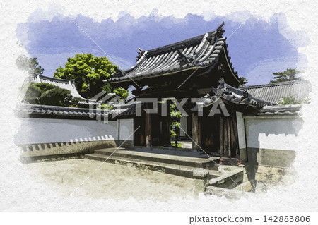 Watercolor style painting: Kakurinji Temple (Jōshin-in) in Kakogawa, Hyogo Prefecture, Kakogawa City 142883806