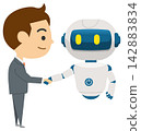 AI Agent: An image illustration of an AI robot shaking hands with a human. 142883834