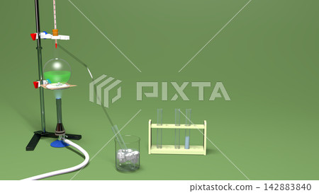 [3D Illustration for Educational Materials] A set of various glassware and equipment for conducting distillation experiments (with test tube rack - right space) 142883840