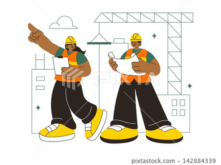 Construction Vector Illustration Featuring Workers, Cranes, Excavators, Dump Trucks, and Heavy Machinery at a Building Site with Safety Equipment Construction Vector Illustration Featuring Workers, Cranes, Excavators, Dump Trucks, and Heavy Machinery at a Building Site with Safety Equipment 142884339