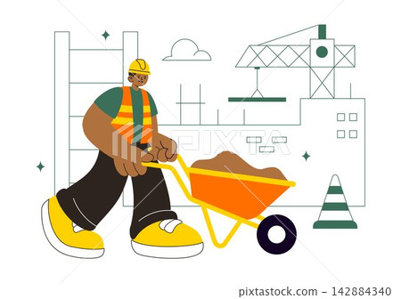 Construction Vector Illustration Featuring Workers, Cranes, Excavators, Dump Trucks, and Heavy Machinery at a Building Site with Safety Equipment Construction Vector Illustration Featuring Workers, Cranes, Excavators, Dump Trucks, and Heavy Machinery at a Building Site with Safety Equipment 142884340