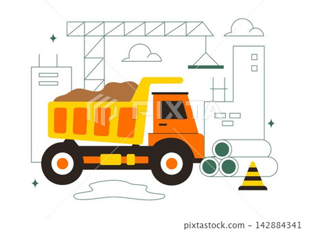 Construction Vector Illustration Featuring Workers, Cranes, Excavators, Dump Trucks, and Heavy Machinery at a Building Site with Safety Equipment Construction Vector Illustration Featuring Workers, Cranes, Excavators, Dump Trucks, and Heavy Machinery at a Building Site with Safety Equipment 142884341