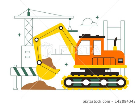 Construction Vector Illustration Featuring Workers, Cranes, Excavators, Dump Trucks, and Heavy Machinery at a Building Site with Safety Equipment Construction Vector Illustration Featuring Workers, Cranes, Excavators, Dump Trucks, and Heavy Machinery at a Building Site with Safety Equipment 142884342