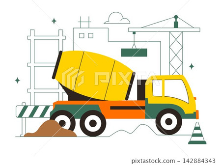 Construction Vector Illustration Featuring Workers, Cranes, Excavators, Dump Trucks, and Heavy Machinery at a Building Site with Safety Equipment 142884343
