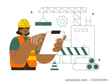 Construction Vector Illustration Featuring Workers, Cranes, Excavators, Dump Trucks, and Heavy Machinery at a Building Site with Safety Equipment Construction Vector Illustration Featuring Workers, Cranes, Excavators, Dump Trucks, and Heavy Machinery at a Building Site with Safety Equipment 142884344
