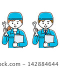 A set of illustrations of a smiling man and woman in work clothes holding files, a hat, a spanner, and a wrench. 142884644