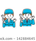 A set of illustrations of a smiling man and woman in work clothes making a victory pose, wearing hats, spanners, and wrenches. 142884645