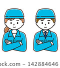 A set of illustrations of a man and woman in work clothes with their arms crossed, smiling and wearing hats. 142884646