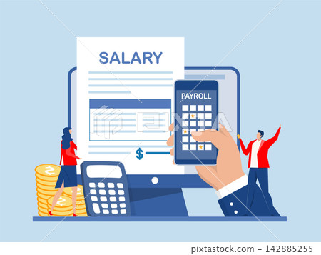 Businessman standing with online payroll computer.Salary payroll system, online income calculate and automatic payment, online income calculates and automatic payment, employee wages concept. Businessman standing with online payroll computer.Salary payroll system, online income calculate and automatic payment, online income calculates and automatic payment, employee wages concept. 142885255