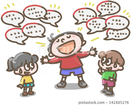 An illustration of a child talking a lot and another child watching them. An illustration of a child talking a lot and another child watching them. 142885276