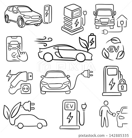Electric Vehicle EV Charging Doodles Set of Line Art Icons Electric Vehicle EV Charging Doodles Set of Line Art Icons 142885335