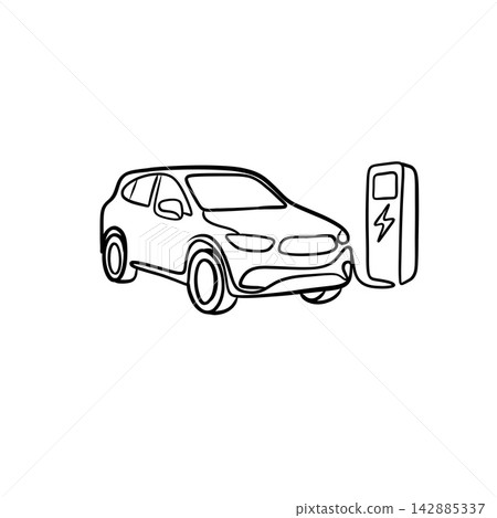 Electric SUV Car at Charging Station Line Art Illustration Electric SUV Car at Charging Station Line Art Illustration 142885337