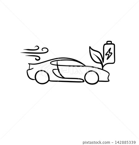 Electric Sports Car Line Art Icon with Wind Dynamics, Battery, and Leaves  142885339