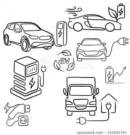 Electric Vehicle EV Charging Doodles Set of Line Art Icons Electric Vehicle EV Charging Doodles Set of Line Art Icons 142885341