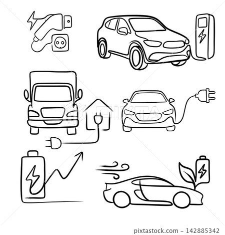 Electric Vehicle EV Charging Doodles Set of Line Art Icons  142885342