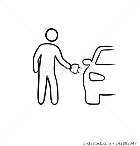 Person Charging Electric Car Line Art Icon for EV Concept Person Charging Electric Car Line Art Icon for EV Concept 142885347